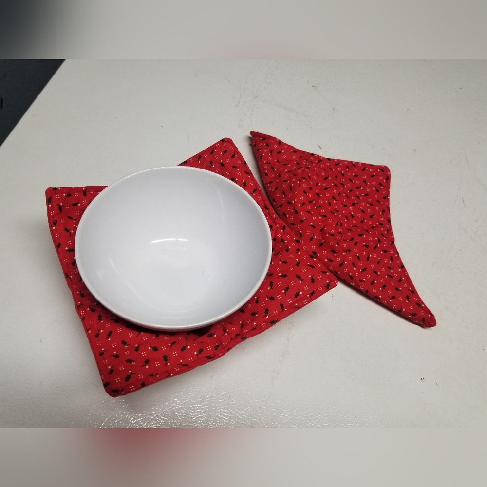 2 Bowl cozies, Holder, Handmade, Christmas, Holly, Red